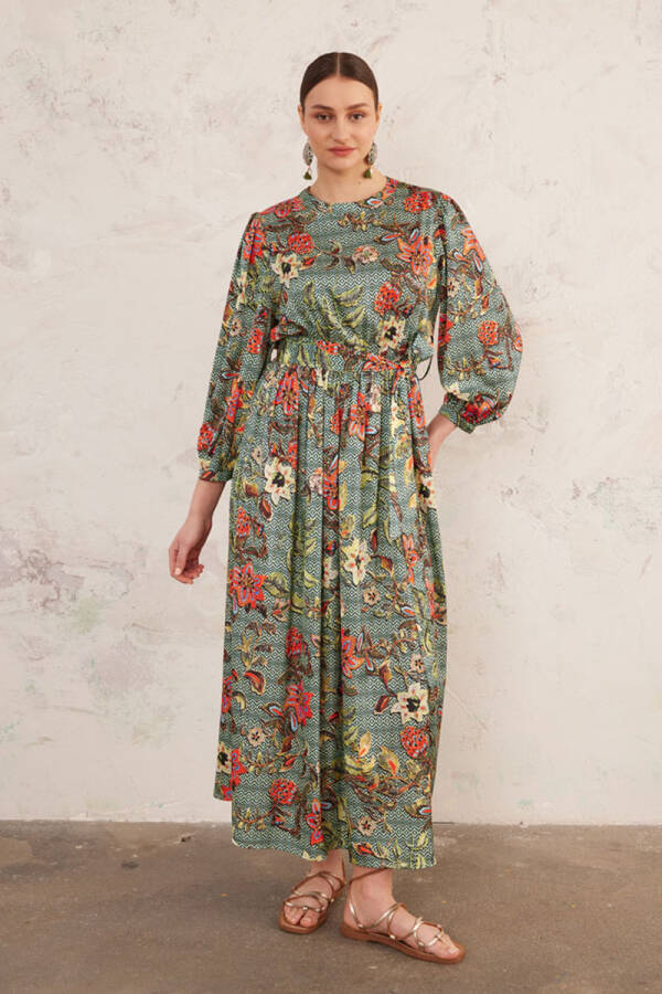 Yeşil Kruvaze Kapama Belden Lastikli Elbise - 4