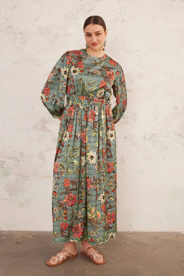 Yeşil Kruvaze Kapama Belden Lastikli Elbise - 5