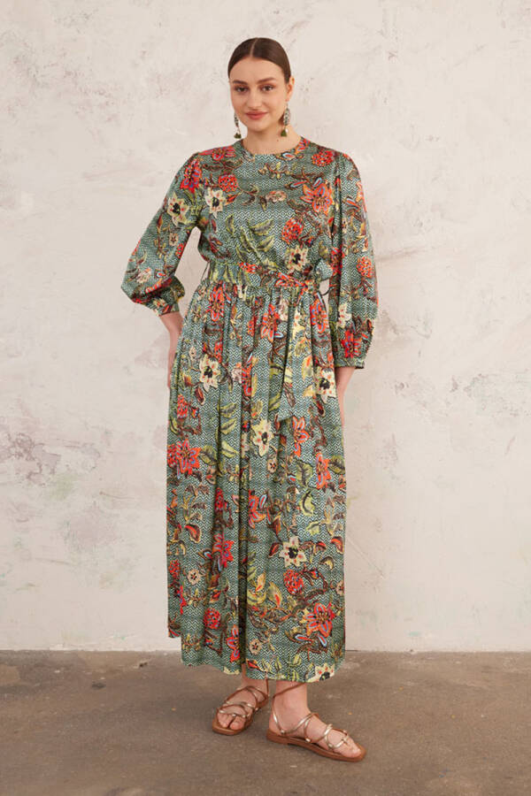 Yeşil Kruvaze Kapama Belden Lastikli Elbise - 6