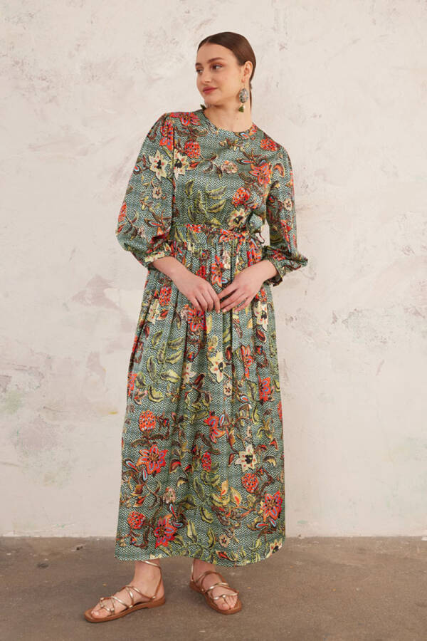 Yeşil Kruvaze Kapama Belden Lastikli Elbise - 7