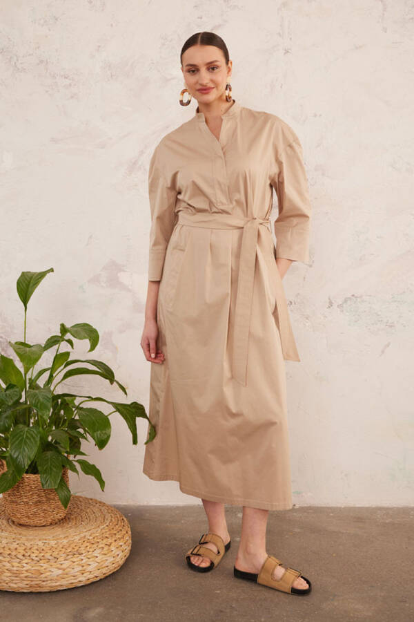 Camel Cotton Gömlek Elbise - 1