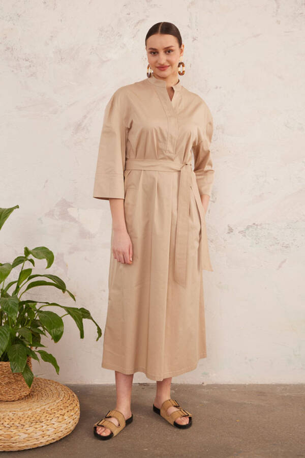 Camel Cotton Gömlek Elbise - 2