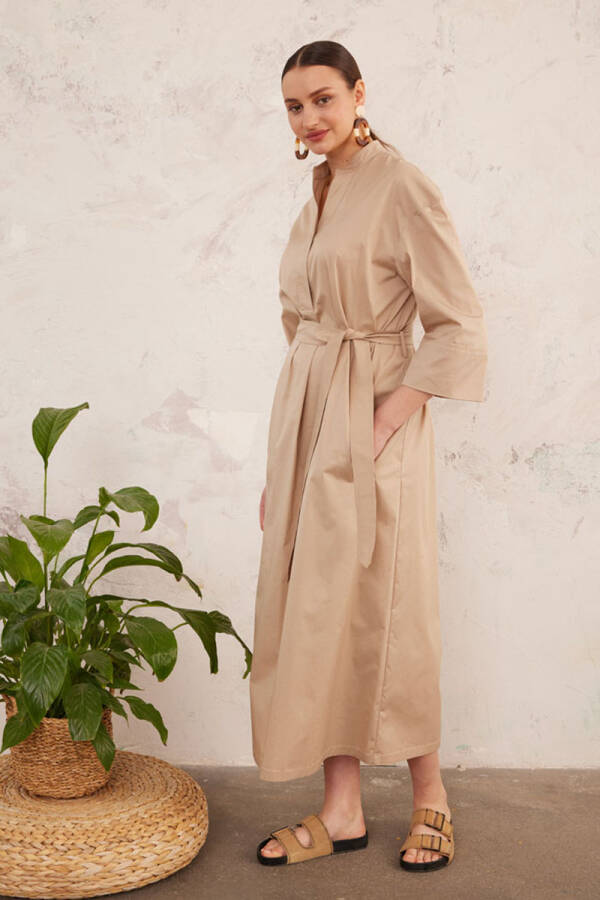 Camel Cotton Gömlek Elbise - 6