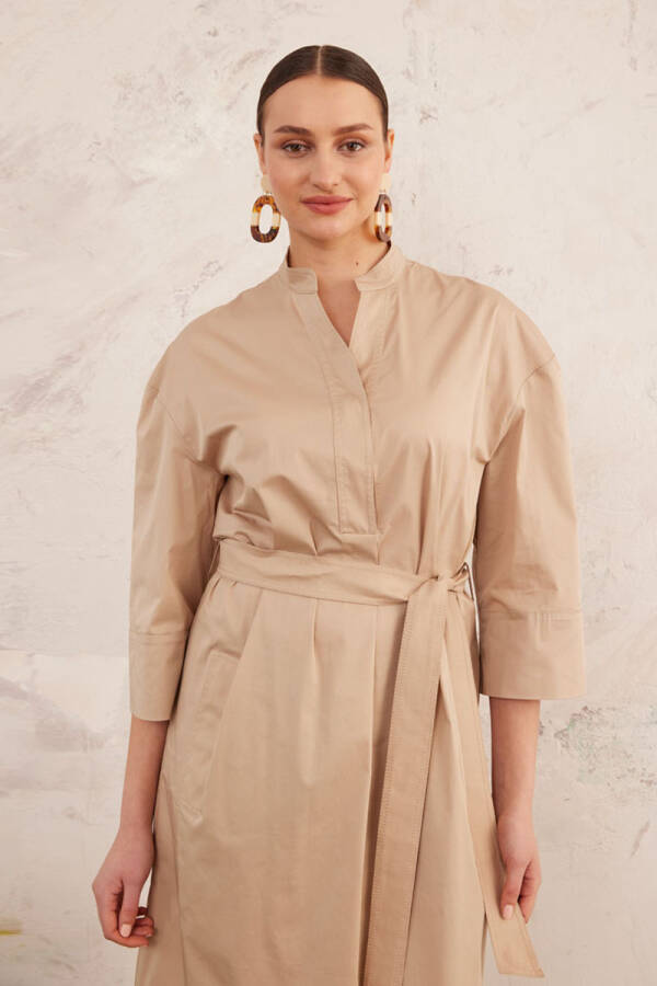Camel Cotton Gömlek Elbise - 7