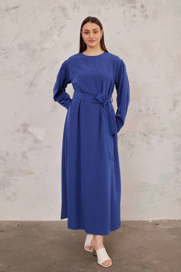 Lacivert Manşet Detaylı Düz Elbise - 4