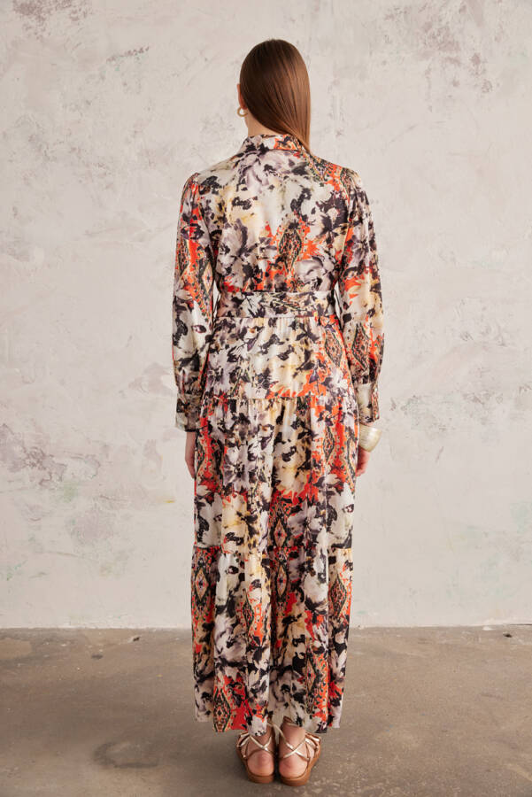 Turuncu Desenli Saten Elbise - 6