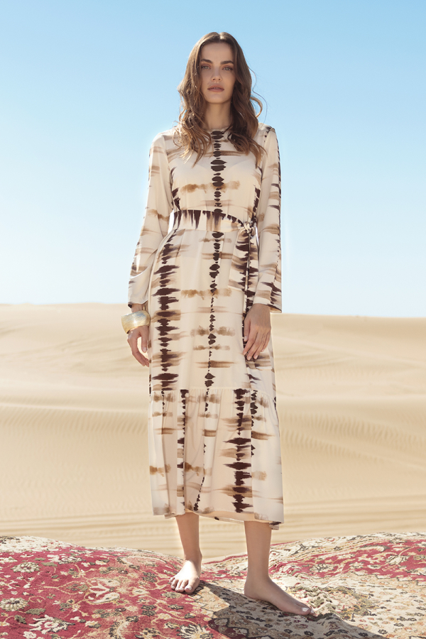 Bej Batik Desen Elbise - 1