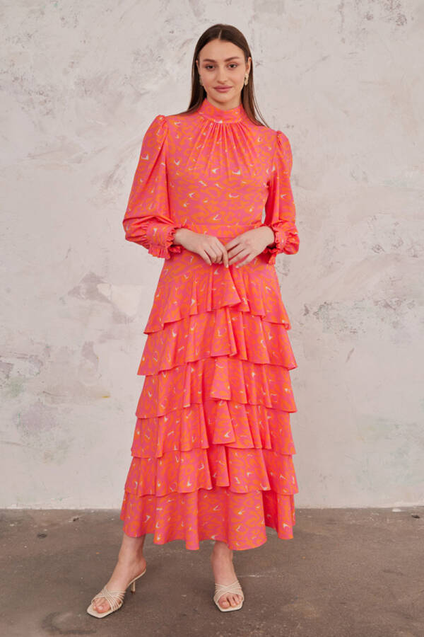 Fuşya Leopar Desen Katlı Elbise - 1