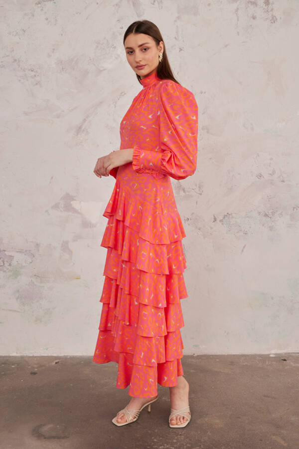 Fuşya Leopar Desen Katlı Elbise - 2