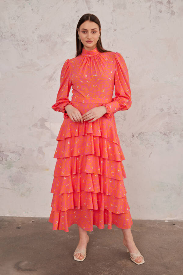 Fuşya Leopar Desen Katlı Elbise - 4