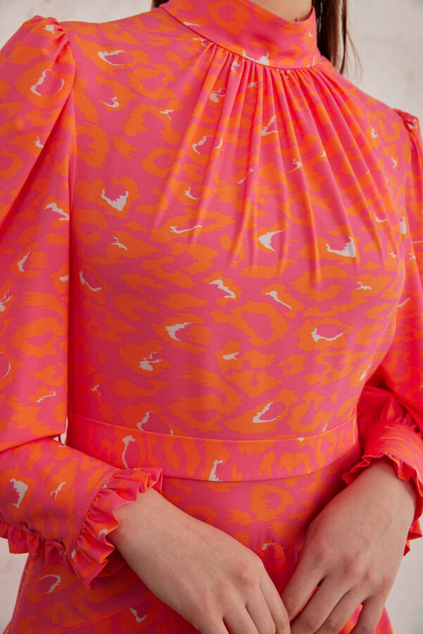 Fuşya Leopar Desen Katlı Elbise - 5