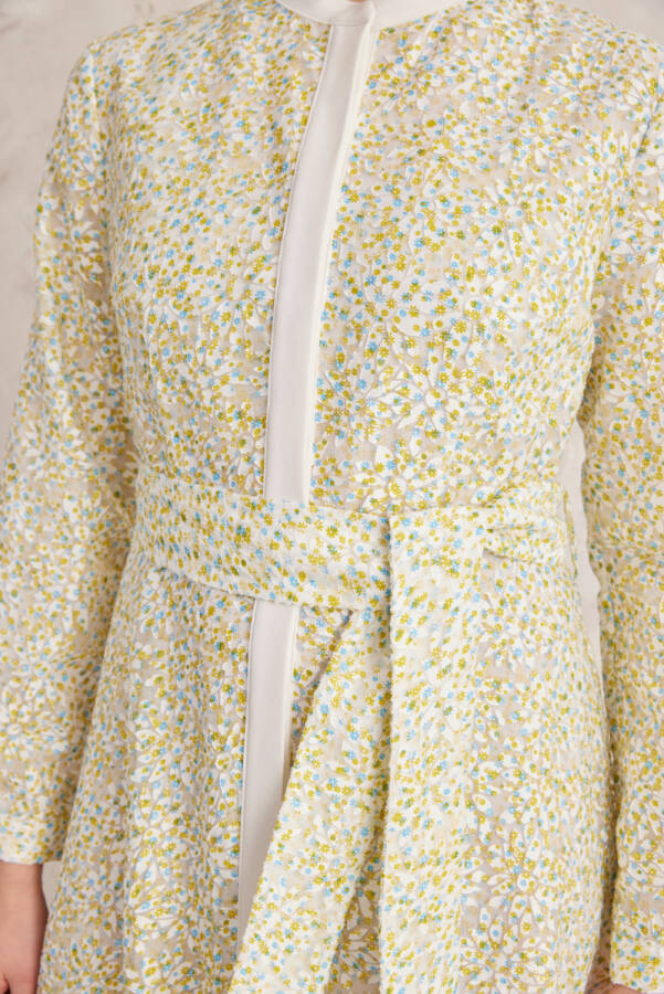 Yeşil Belden Oturan Jakarlı Elbise - 5