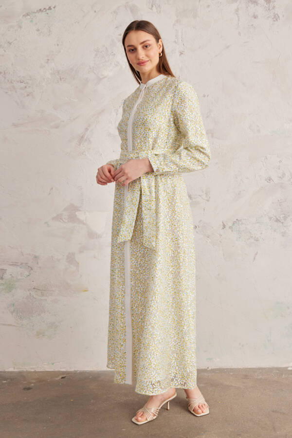 Yeşil Belden Oturan Jakarlı Elbise - 4