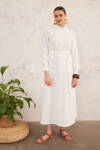 Ekru Dokulu Kumaş Belden Kemerli Elbise - 2