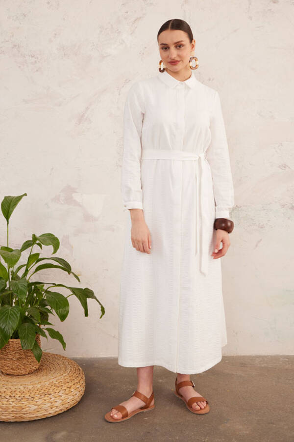 Ekru Dokulu Kumaş Belden Kemerli Elbise - 2
