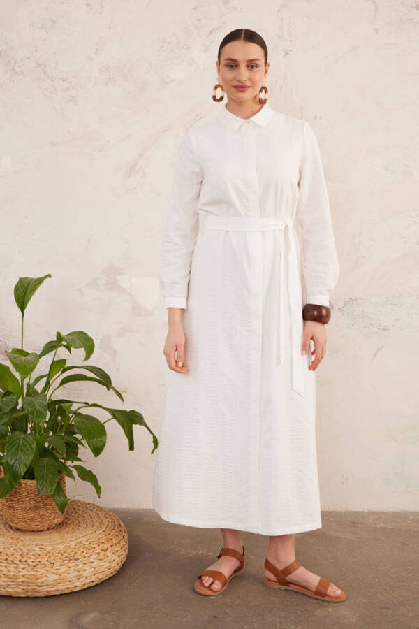 Ekru Dokulu Kumaş Belden Kemerli Elbise - 3