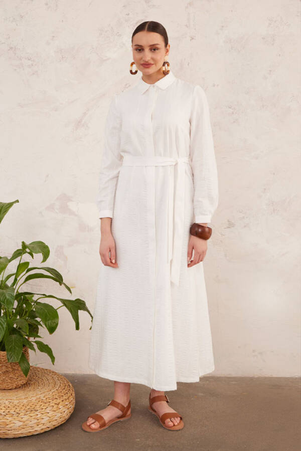 Ekru Dokulu Kumaş Belden Kemerli Elbise - 5