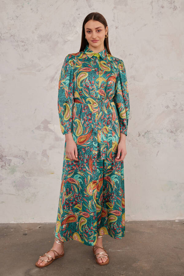 Yeşil Desenli Gömlek Elbise - 1