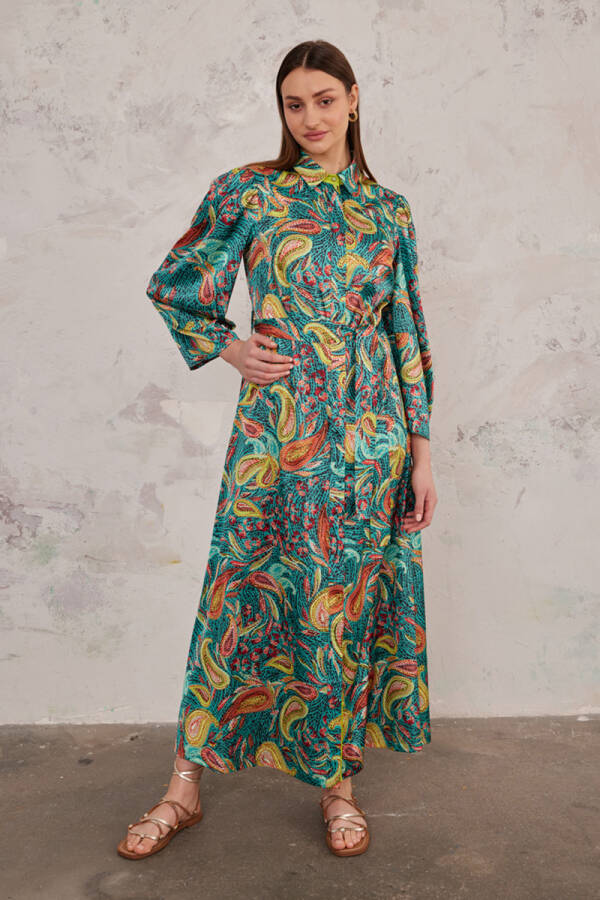 Yeşil Desenli Gömlek Elbise - 4