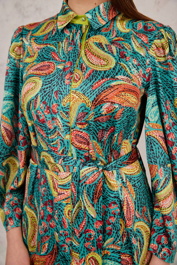 Yeşil Desenli Gömlek Elbise - 5