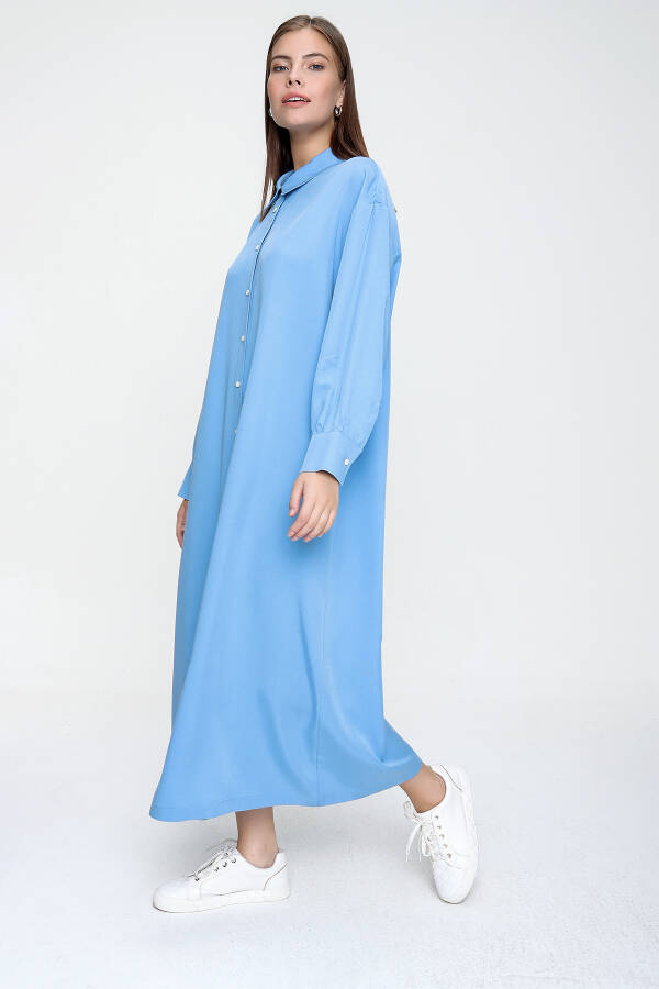 Mavi Pilise Detaylı Gömlek Elbise - 4