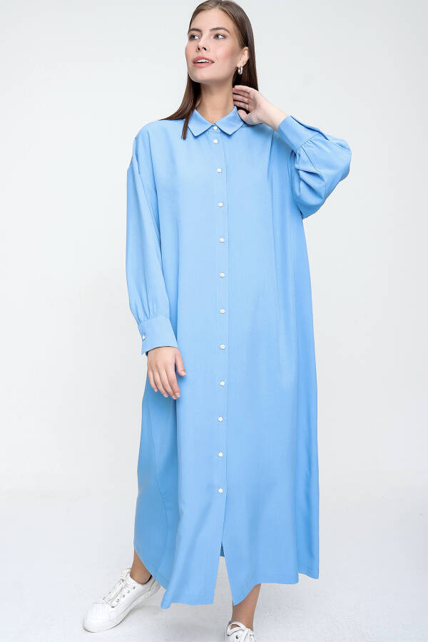 Mavi Pilise Detaylı Gömlek Elbise - 6