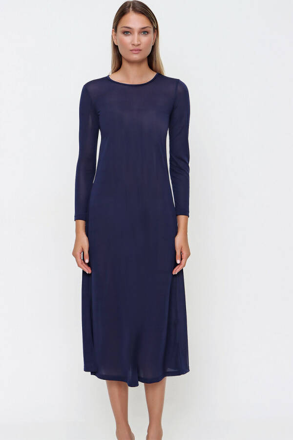 Lacivert Uzun Kollu Jüpon Elbise - 1