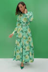 Yeşil İpek Tuşeli Çiçek Desenli Elbise - 3