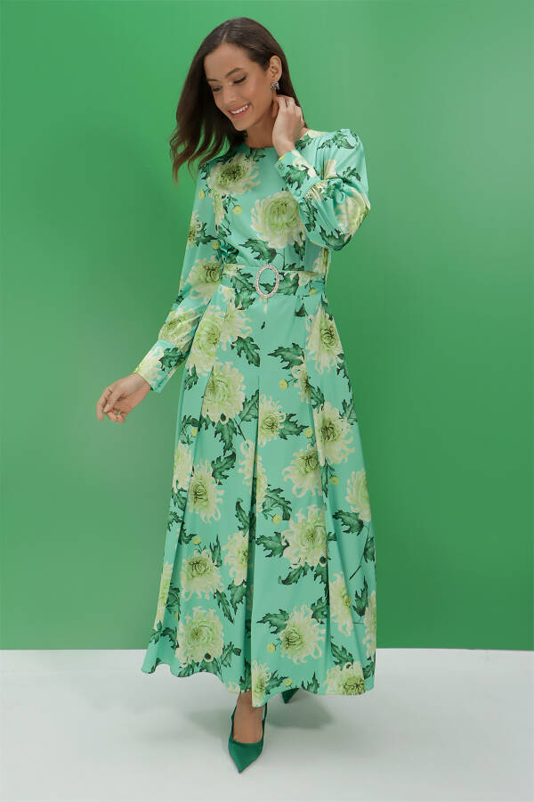 Yeşil İpek Tuşeli Çiçek Desenli Elbise - 3