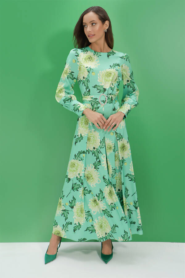 Yeşil İpek Tuşeli Çiçek Desenli Elbise - 4