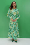 Yeşil İpek Tuşeli Çiçek Desenli Elbise - 5