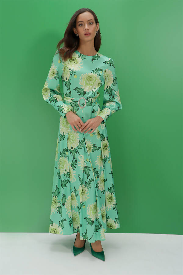 Yeşil İpek Tuşeli Çiçek Desenli Elbise - 5