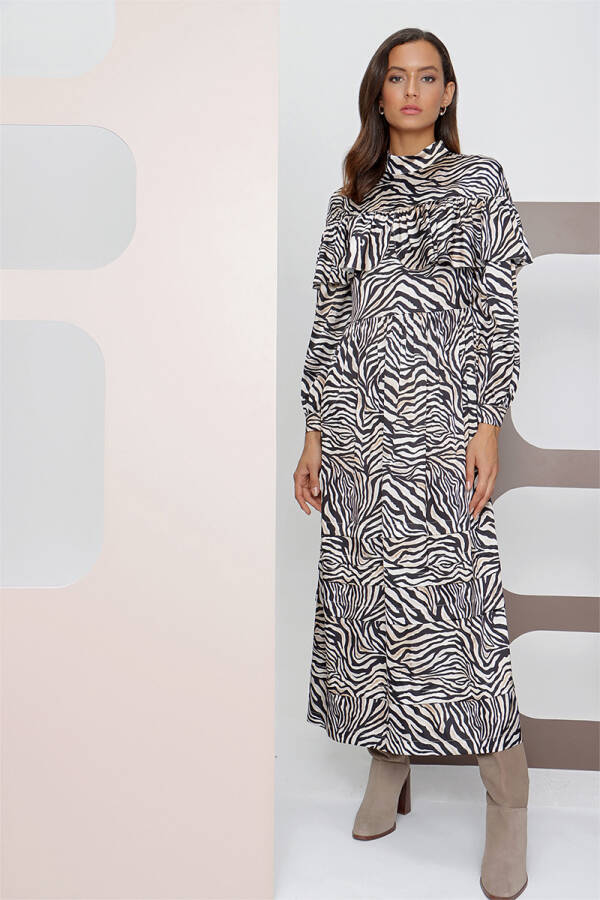 Renkli Zebra Desen Fırfır Detaylı Elbise - 1