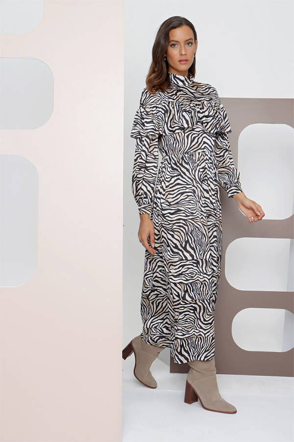 Renkli Zebra Desen Fırfır Detaylı Elbise - 3