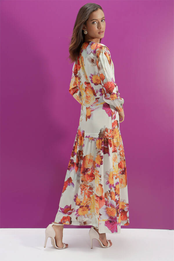 Turuncu Çiçek Desenli Elbise - 6