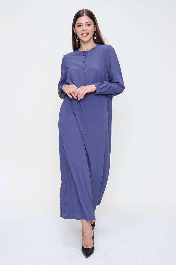 Mavi Hakim Yaka Bol Form Bürümcük Astarlı Elbise - 5
