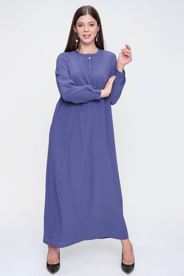 Mavi Hakim Yaka Bol Form Bürümcük Astarlı Elbise - 7