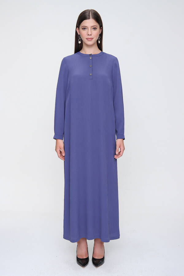 Mavi Hakim Yaka Bol Form Bürümcük Astarlı Elbise - 1
