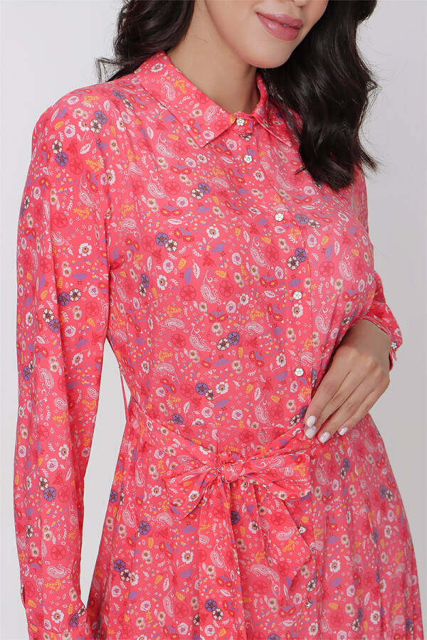 Mercan Çiçekli Gömlek Elbise - 4