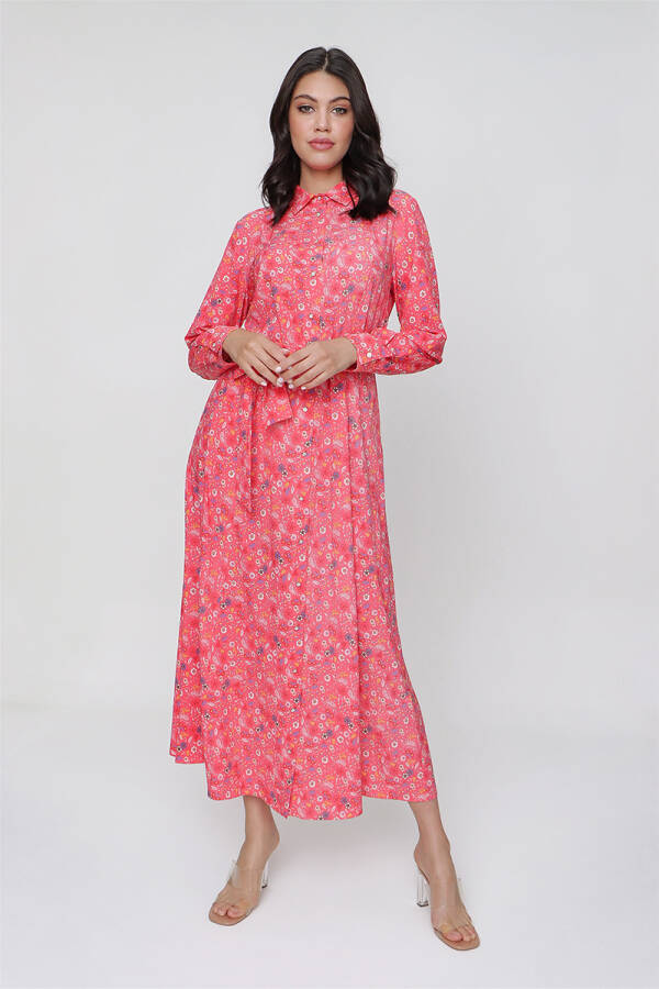 Mercan Çiçekli Gömlek Elbise - 5