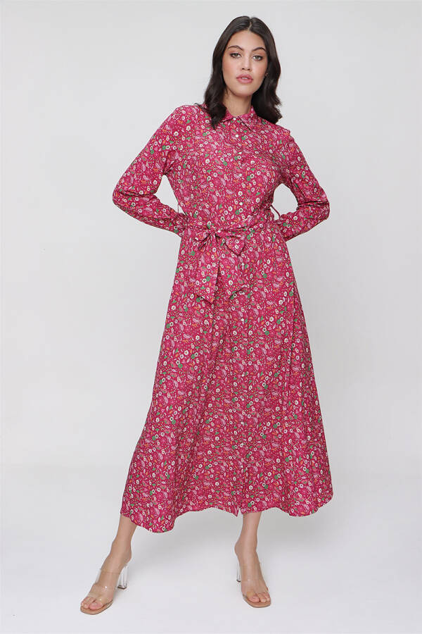 Fuşya Çiçekli Gömlek Elbise - 2