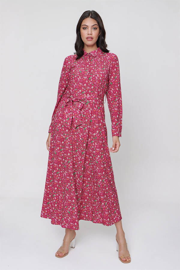 Fuşya Çiçekli Gömlek Elbise - 3