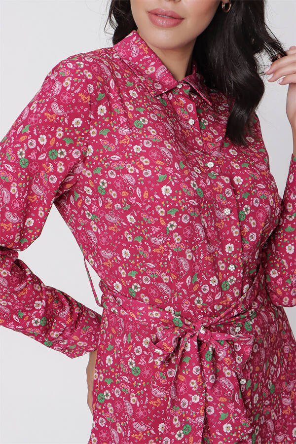 Fuşya Çiçekli Gömlek Elbise - 5