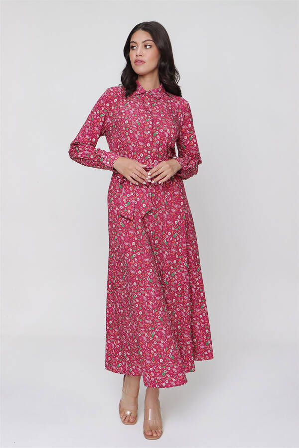 Fuşya Çiçekli Gömlek Elbise - 7