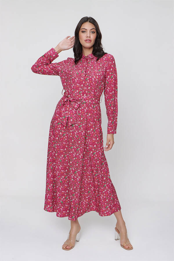 Fuşya Çiçekli Gömlek Elbise - 10