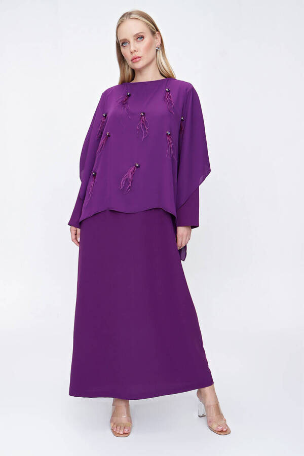 Mürdüm Üzeri Şifon İşlemeli Elbise - 2