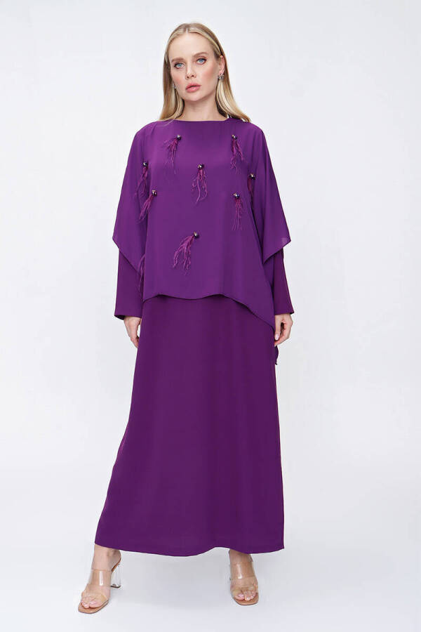 Mürdüm Üzeri Şifon İşlemeli Elbise - 3