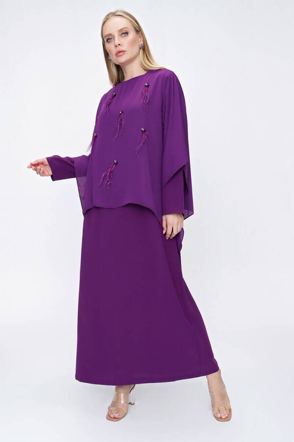 Mürdüm Üzeri Şifon İşlemeli Elbise - 4