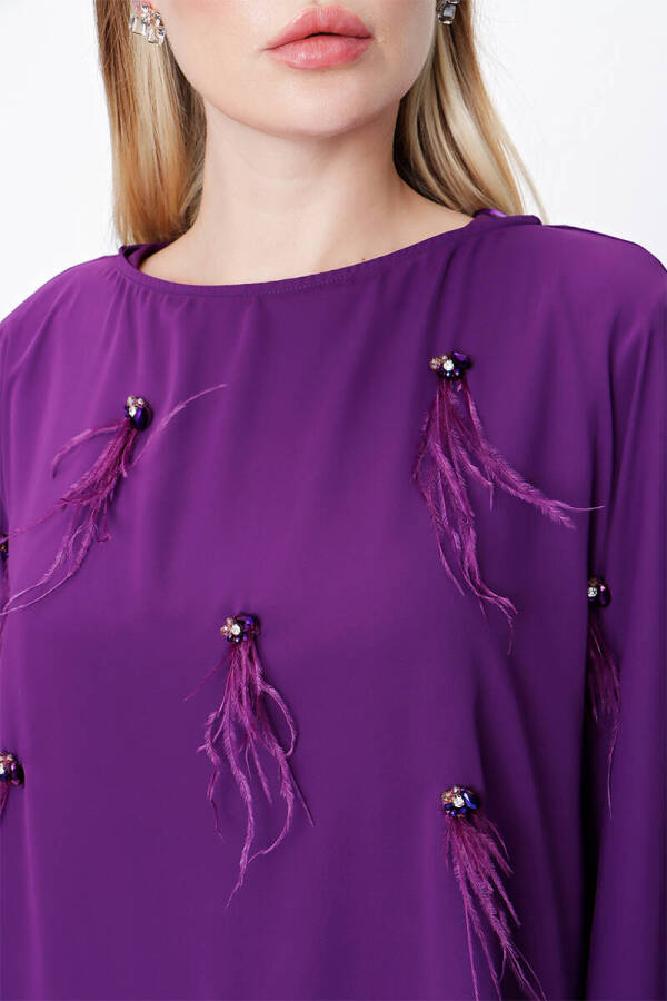 Mürdüm Üzeri Şifon İşlemeli Elbise - 5