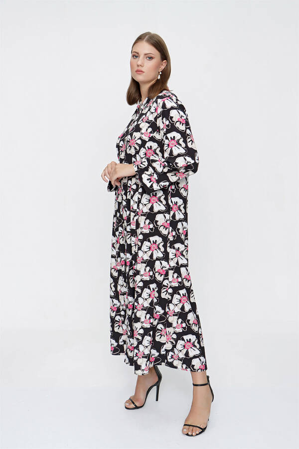 Fuşya Çiçek Desen Gömlek Elbise - 1